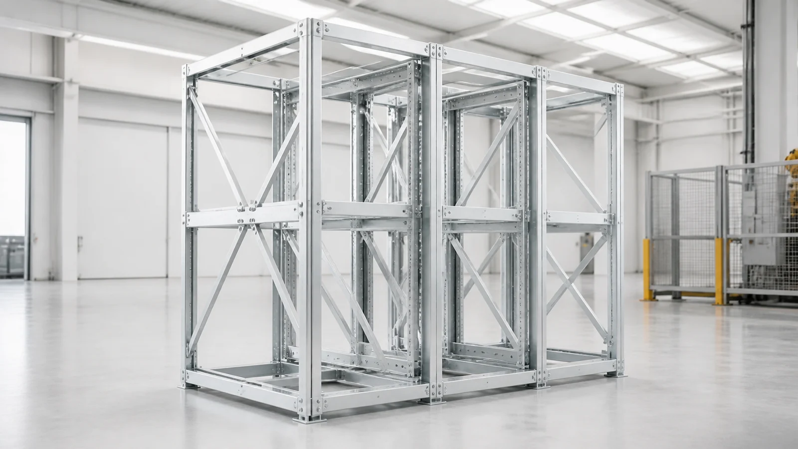 Bright three-bay natural-steel structural rack frame with cross-bracing and mounting rails